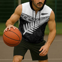 New Zealand Silver Fern Sleeveless Zip Hoodie Maori Koru Mixed Taniko Pattern - Polynesian Pride