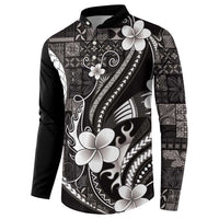 Samoa Siapo Tribal Pattern Button Sweatshirt Black Polynesian Plumeria Tapa Motif