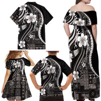 Samoa Siapo Tribal Pattern Family Matching Off Shoulder Maxi Dress and Hawaiian Shirt Black Polynesian Plumeria Tapa Motif