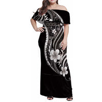 Samoa Siapo Tribal Pattern Family Matching Off Shoulder Maxi Dress and Hawaiian Shirt Black Polynesian Plumeria Tapa Motif