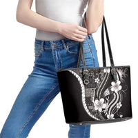 Samoa Siapo Tribal Pattern Leather Tote Bag Black Polynesian Plumeria Tapa Motif