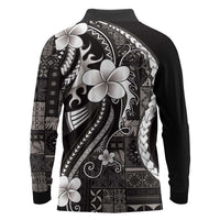 Samoa Siapo Tribal Pattern Long Sleeve Polo Shirt Black Polynesian Plumeria Tapa Motif LT9 - Polynesian Pride