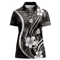 Samoa Siapo Tribal Pattern Women Polo Shirt Black Polynesian Plumeria Tapa Motif