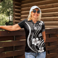 Samoa Siapo Tribal Pattern Women Polo Shirt Black Polynesian Plumeria Tapa Motif