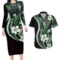 Samoa Siapo Tribal Pattern Couples Matching Long Sleeve Bodycon Dress and Hawaiian Shirt Forest Green Polynesian Plumeria Tapa Motif