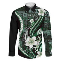 Samoa Siapo Tribal Pattern Family Matching Off The Shoulder Long Sleeve Dress and Hawaiian Shirt Forest Green Polynesian Plumeria Tapa Motif LT9 Dad's Shirt - Long Sleeve Green - Polynesian Pride