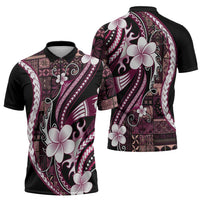 Samoa Siapo Tribal Pattern Zipper Polo Shirt Violet Polynesian Plumeria Tapa Motif