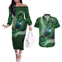 Tui Bird Koru Silver Fern Aotearoa Couples Matching Off The Shoulder Long Sleeve Dress and Hawaiian Shirt