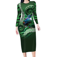 Tui Bird Koru Silver Fern Aotearoa Long Sleeve Bodycon Dress LT9 Long Dress Green - Polynesian Pride