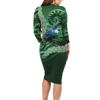 Tui Bird Koru Silver Fern Aotearoa Long Sleeve Bodycon Dress LT9 - Polynesian Pride
