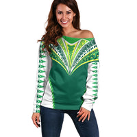 Personalised Polynesian Pride Cook Islands Rugby Off Shoulder Sweater No1 LT9 Women Green - Polynesian Pride