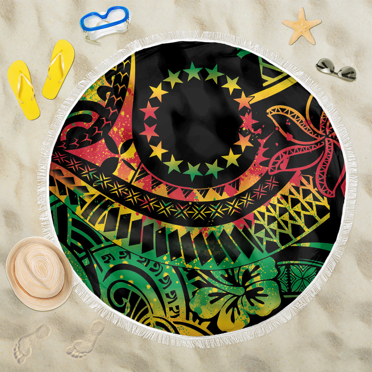 Cook Islands 15 Stars Beach Blanket Kuki Airani Polynesian Tribal Wave Tattoo