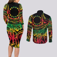 Cook Islands 15 Stars Couples Matching Long Sleeve Bodycon Dress and Long Sleeve Button Shirt Kuki Airani Polynesian Tribal Wave Tattoo