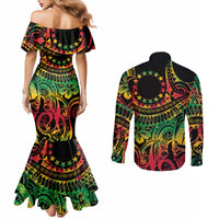Cook Islands 15 Stars Couples Matching Mermaid Dress and Long Sleeve Button Shirt Kuki Airani Polynesian Tribal Wave Tattoo