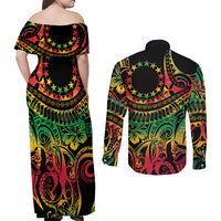 Cook Islands 15 Stars Couples Matching Off Shoulder Maxi Dress and Long Sleeve Button Shirt Kuki Airani Polynesian Tribal Wave Tattoo
