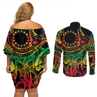 Cook Islands 15 Stars Couples Matching Off Shoulder Short Dress and Long Sleeve Button Shirt Kuki Airani Polynesian Tribal Wave Tattoo