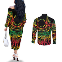 Cook Islands 15 Stars Couples Matching Off The Shoulder Long Sleeve Dress and Long Sleeve Button Shirt Kuki Airani Polynesian Tribal Wave Tattoo