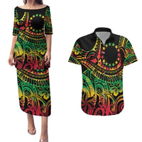 Cook Islands 15 Stars Couples Matching Puletasi and Hawaiian Shirt Kuki Airani Polynesian Tribal Wave Tattoo