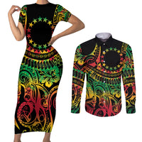 Cook Islands 15 Stars Couples Matching Short Sleeve Bodycon Dress and Long Sleeve Button Shirt Kuki Airani Polynesian Tribal Wave Tattoo