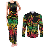 Cook Islands 15 Stars Couples Matching Tank Maxi Dress and Long Sleeve Button Shirt Kuki Airani Polynesian Tribal Wave Tattoo