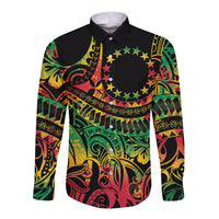 Cook Islands 15 Stars Long Sleeve Button Shirt Kuki Airani Polynesian Tribal Wave Tattoo