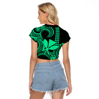 Custom King Kamehameha Day Hawaii Raglan Cropped T Shirt Paradise of the Pacific Tribal Kakau - Green LT9 - Polynesian Pride