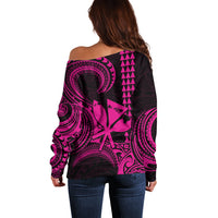 King Kamehameha Day Hawaii Off Shoulder Sweater Paradise of the Pacific Tribal Kakau with Kanaka Maoli - Pink LT9 - Polynesian Pride