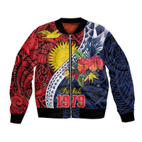 Flag of Kiribati Polynesian Pattern Bomber Jacket Est 1979 With Tropical Flowers