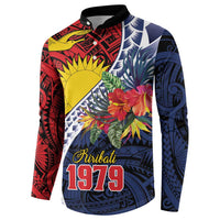 Flag of Kiribati Polynesian Pattern Button Sweatshirt Est 1979 With Tropical Flowers