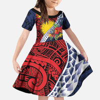Flag of Kiribati Polynesian Pattern Family Matching Off Shoulder Maxi Dress and Hawaiian Shirt Est 1979 With Tropical Flowers