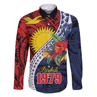 Flag of Kiribati Polynesian Pattern Family Matching Off Shoulder Short Dress and Hawaiian Shirt Est 1979 With Tropical Flowers