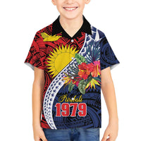 Flag of Kiribati Polynesian Pattern Family Matching Summer Maxi Dress and Hawaiian Shirt Est 1979 With Tropical Flowers