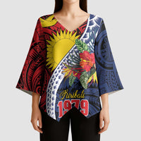 Flag of Kiribati Polynesian Pattern Kimono Sleeve Blouse Est 1979 With Tropical Flowers - Polynesian Pride