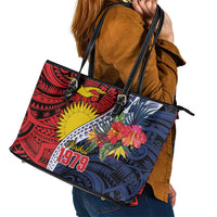 Flag of Kiribati Polynesian Pattern Leather Tote Bag Est 1979 With Tropical Flowers