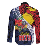 Flag of Kiribati Polynesian Pattern Long Sleeve Button Shirt Est 1979 With Tropical Flowers