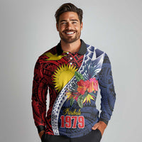 Flag of Kiribati Polynesian Pattern Long Sleeve Polo Shirt Est 1979 With Tropical Flowers