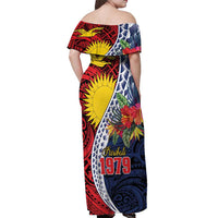 Flag of Kiribati Polynesian Pattern Off Shoulder Maxi Dress Est 1979 With Tropical Flowers