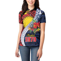 Flag of Kiribati Polynesian Pattern Women Polo Shirt Est 1979 With Tropical Flowers