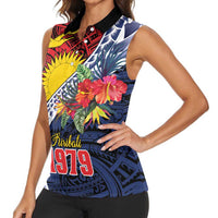 Flag of Kiribati Polynesian Pattern Women Sleeveless Polo Shirt Est 1979 With Tropical Flowers