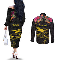 Kiribati Independence Day Personalised Couples Matching Off The Shoulder Long Sleeve Dress and Long Sleeve Button Shirt Gold Frigatebird with Polynesian Pattern