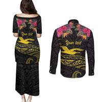 Kiribati Independence Day Personalised Couples Matching Puletasi and Long Sleeve Button Shirt Gold Frigatebird with Polynesian Pattern