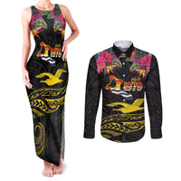 Kiribati Independence Day Personalised Couples Matching Tank Maxi Dress and Long Sleeve Button Shirt Gold Frigatebird with Polynesian Pattern