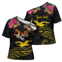 Kiribati Independence Day Personalised Cross Shoulder Shirt Gold Frigatebird with Polynesian Pattern - Polynesian Pride