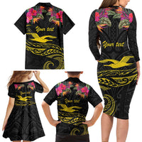 Kiribati Independence Day Personalised Family Matching Long Sleeve Bodycon Dress and Hawaiian Shirt Gold Frigatebird with Polynesian Pattern