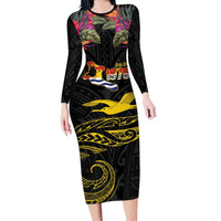 Kiribati Independence Day Personalised Family Matching Long Sleeve Bodycon Dress and Hawaiian Shirt Gold Frigatebird with Polynesian Pattern