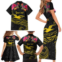 Kiribati Independence Day Personalised Family Matching Short Sleeve Bodycon Dress and Hawaiian Shirt Gold Frigatebird with Polynesian Pattern