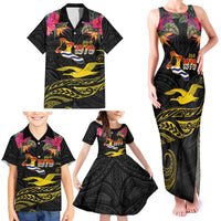 Kiribati Independence Day Personalised Family Matching Tank Maxi Dress and Hawaiian Shirt Gold Frigatebird with Polynesian Pattern