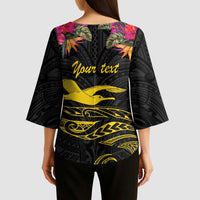 Kiribati Independence Day Personalised Kimono Sleeve Blouse Gold Frigatebird with Polynesian Pattern - Polynesian Pride
