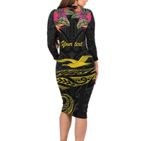 Kiribati Independence Day Personalised Long Sleeve Bodycon Dress Gold Frigatebird with Polynesian Pattern