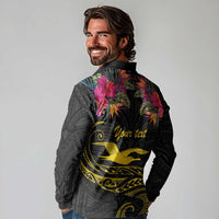 Kiribati Independence Day Personalised Long Sleeve Polo Shirt Gold Frigatebird with Polynesian Pattern